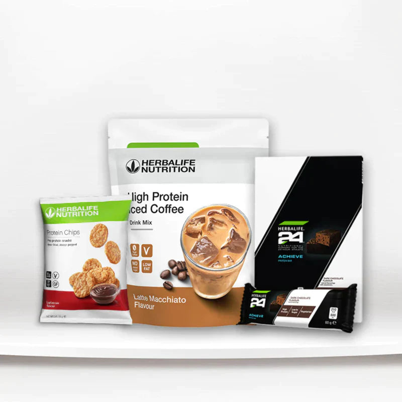 Protein Chips BBQ - High Protein Iced Coffee Latte Macchiatto - H24 Achieve Protein Bars Dark Chocolate